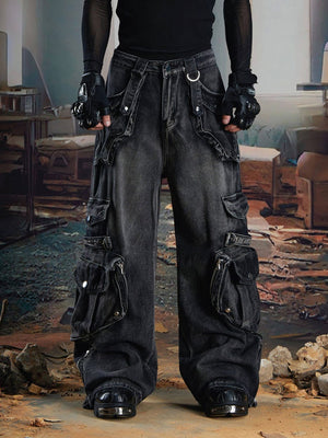 Black Flared Cargo Jeans with 3D Pockets – Black, on model, front | XoKool