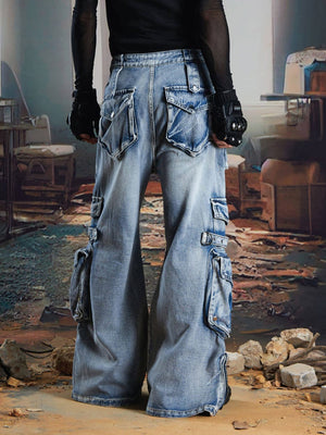Flared Cargo Jeans – Light Blue, on model, back | XoKool