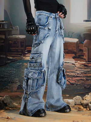 Flared Cargo Jeans – Light Blue, on model, side | XoKool