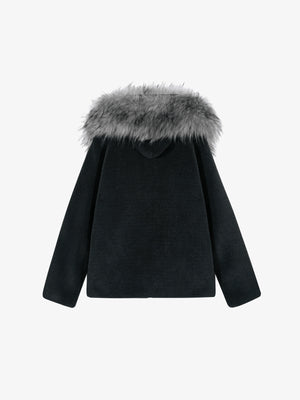 Schwarze Fleece-Kapuzenjacke mit Kunstfellbesatz – Schwarz, Rückansicht | XoKool
