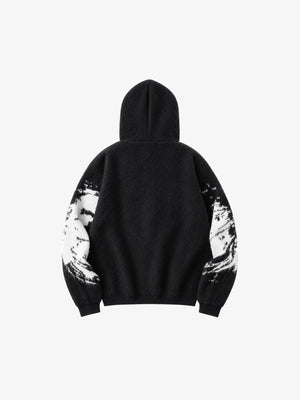 Schwarzer Fuzzy Knit Zip Hoodie mit Abstract-Print – Schwarz, Rückansicht | XoKool
