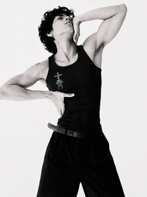 Gothic cross tank top – on model, front pose | XoKool