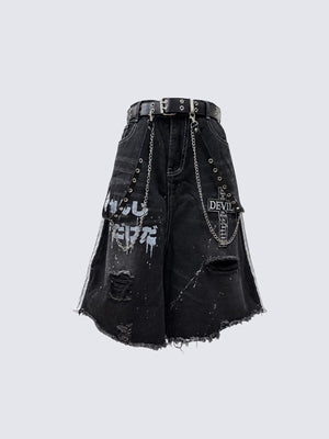 Jorts góticos negros con estampado y cinturón – negro, frente en plano con cinturón de cadena | XoKool