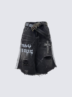 Jorts góticos negros con estampado y cinturón – negro, frente en plano con cinturón de esqueleto | XoKool