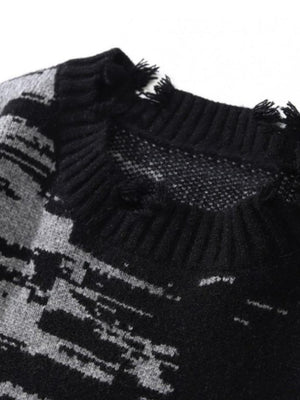 Black Gradient Distressed Knit Sweater – neckline distressing close-up | XoKool