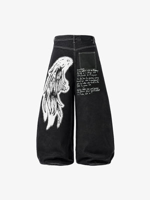 Black Graphic Jeans with Angel Wing Print – flat back | XoKool