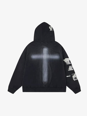 Black Graphic Zip Up Hoodie with Cross Back Print – Black, back flat (cross print) | XoKool