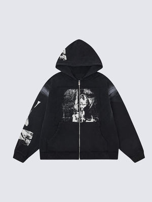 Black Graphic Zip Up Hoodie with Cross Back Print – Black, front flat | XoKool