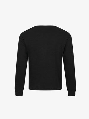 Black Henley Long Sleeve Shirt with Distressed USA Flag – back flat view | XoKool