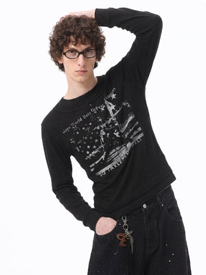 Black Henley Long Sleeve Shirt with Distressed USA Flag – on model, front | XoKool
