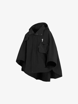 Black Hooded Techwear Poncho with Cargo Pocket – Black, side-front view | XoKool
