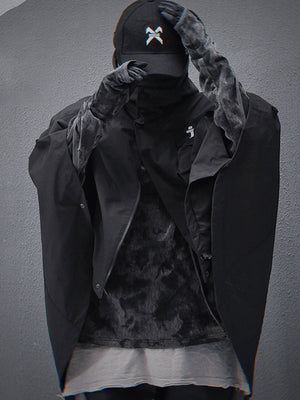 Black Hooded Techwear Poncho with Cargo Pocket – on model, front | XoKool