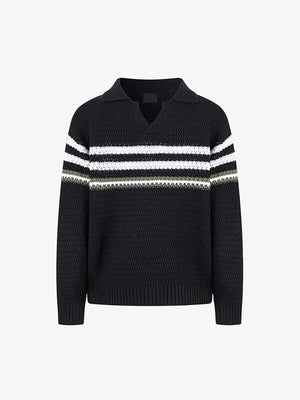 Black Knit Polo Sweater with Chest Stripes – Black, front view | XoKool