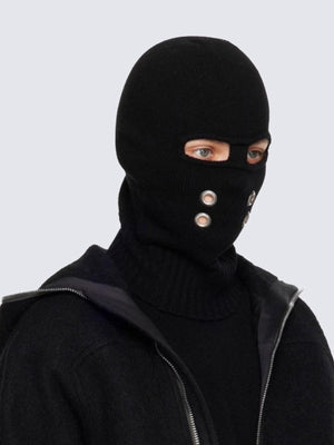 Black Knit Ski Mask with Metal Grommets – on model, angled | XoKool