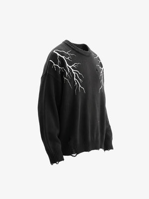 Black Lightning Bolt Distressed Sweater – Black, angled side view | XoKool