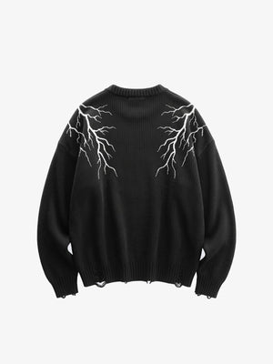 Black Lightning Bolt Distressed Sweater – Black, front view | XoKool