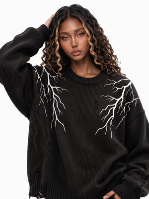 Lightning bolt sweater – Black, on model (women), front | XoKool