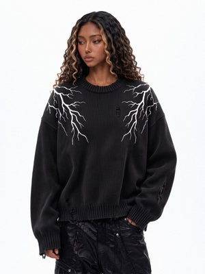 Black Lightning Bolt Distressed Sweater – Black, on model (women), front | XoKool