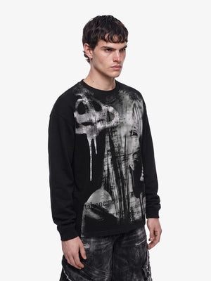 Black Long Sleeve Graphic Shirt with Paint Drip Print – on model side | XoKool