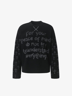 Schwarzes Longsleeve mit Spruch und Kreuz-Ärmeln – Schwarz, Vorderseite flach | XoKool