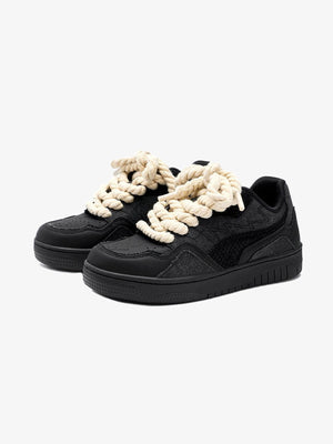 Black Low Top Sneakers with Chunky Rope Laces – Black, pair 3/4 front | XoKool