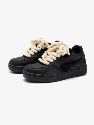 Black Low Top Sneakers with Chunky Rope Laces – pair 3/4 side | XoKool