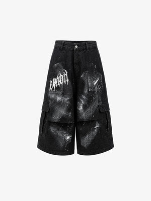 Jorts largos negros con salpicaduras de pintura y estampado gótico – negro, frente sin cinturón | XoKool
