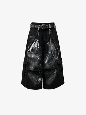 Jorts con salpicaduras de pintura – negro, frente con cinturón y cadena | XoKool