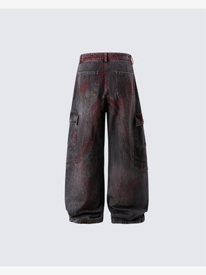 Jeans barrel cargo rojos con efecto desvaído – parte trasera plana | XoKool
