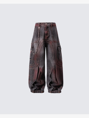 Jeans barrel cargo negros y rojos con costuras curvas – frente plano con cadena | XoKool