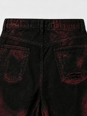 Schwarz-rote Distressed Jorts – Nahaufnahme der Gesäßtasche | XoKool