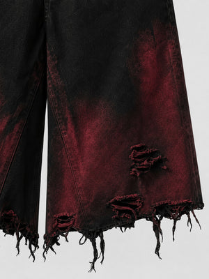 Schwarz-rote Distressed Jorts – Nahaufnahme von Beinwaschung und Riss | XoKool