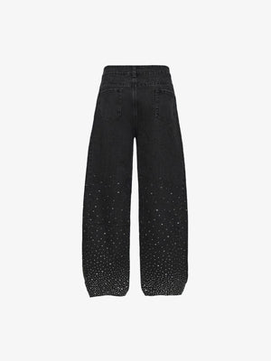 Schwarze Wide Leg Jeans mit Strasssteinen – Rückseite flach | XoKool
