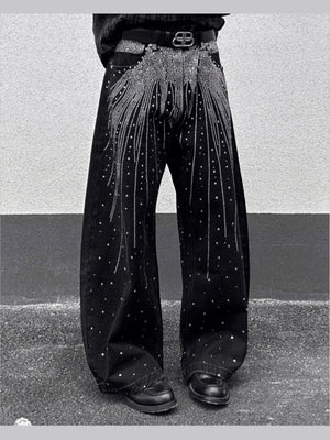 Schwarze Wide Leg Jeans mit Strass – am Model, vorne | XoKool