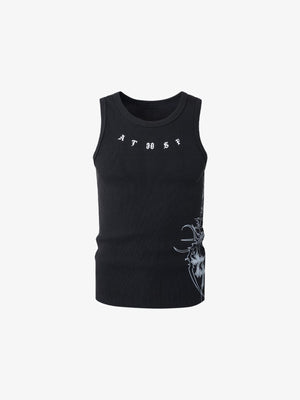 Camiseta sin mangas acanalada negra con estampado de cruz gótica – negro, frente plano | XoKool