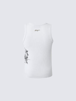 Camiseta sin mangas con estampado gótico – Blanco, trasera plana | XoKool