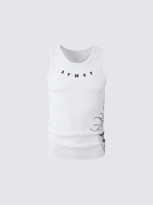 Camiseta sin mangas acanalada negra con estampado de cruz gótica – Blanco, frontal plana | XoKool