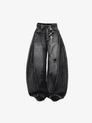 Black Ripped Barrel Jeans with Faded Wash – front flat lay with chain | XoKool