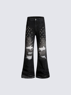 Black Ripped Flare Jeans with Studs – front flat | XoKool