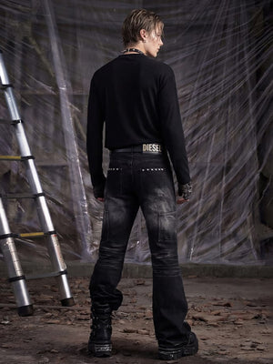 Black Ripped Flare Jeans with Studs – on model, back | XoKool