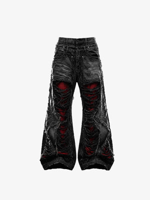 Black Ripped Jeans with Red Mesh Underlay – front flat lay | XoKool