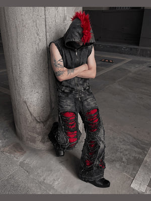 Black Shredded Jeans – lifestyle, leaning on pillar | XoKool
