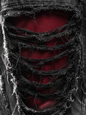 Black Shredded Jeans – red mesh rips close-up | XoKool