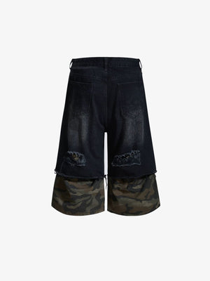 Jorts negros rotos con dobladillo de camuflaje en capas – vista trasera plana | XoKool
