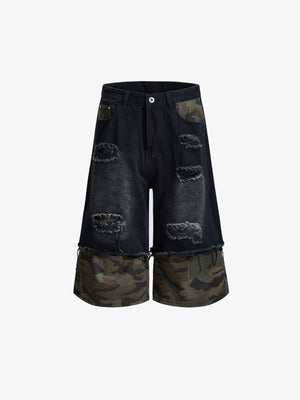 Jorts negros rotos con dobladillo de camuflaje en capas – vista frontal plana | XoKool