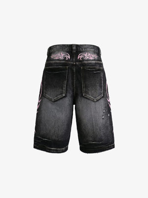 Black Ripped Jorts with Pink Tribal Print – back flat | XoKool