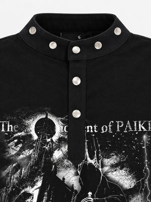 Black Stand Collar Long Sleeve Tee with Cathedral Print – collar snaps and print close-up | XoKool