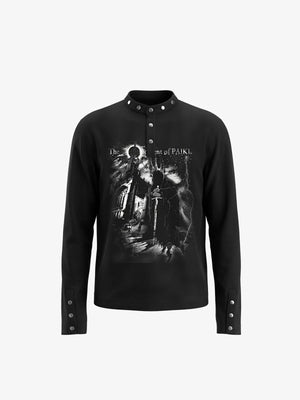Black Stand Collar Long Sleeve Tee with Cathedral Print – front | XoKool