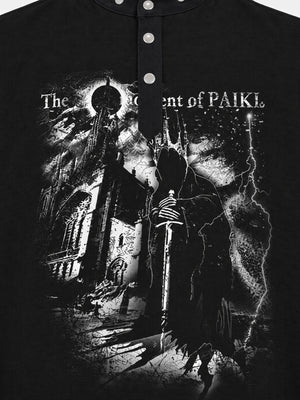 Black Stand Collar Long Sleeve Tee with Cathedral Print – print close-up | XoKool
