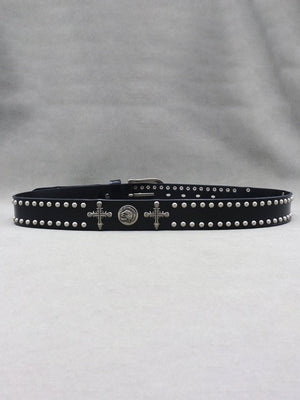 Black Studded Belt with Cross Conchos and Medallions – Black belt, full side view | XoKool
